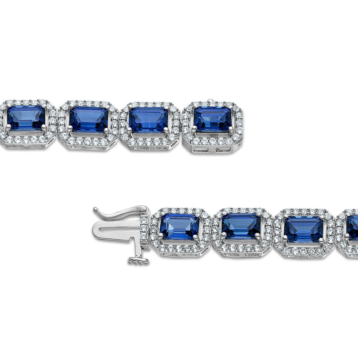 6X4MM Emerald Shape Blue Sapphire and White Sapphire 7.5-inch Halo Tennis Bracelet in Rhodium Plated Sterling Silver