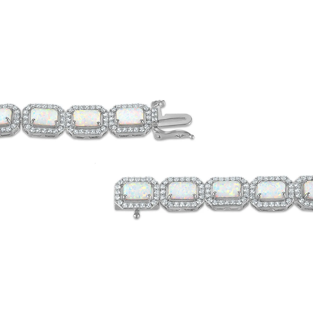 6X4MM Emerald Shape Opal and White Sapphire 7.5-inch Halo Tennis Bracelet in Rhodium Plated Sterling Silver