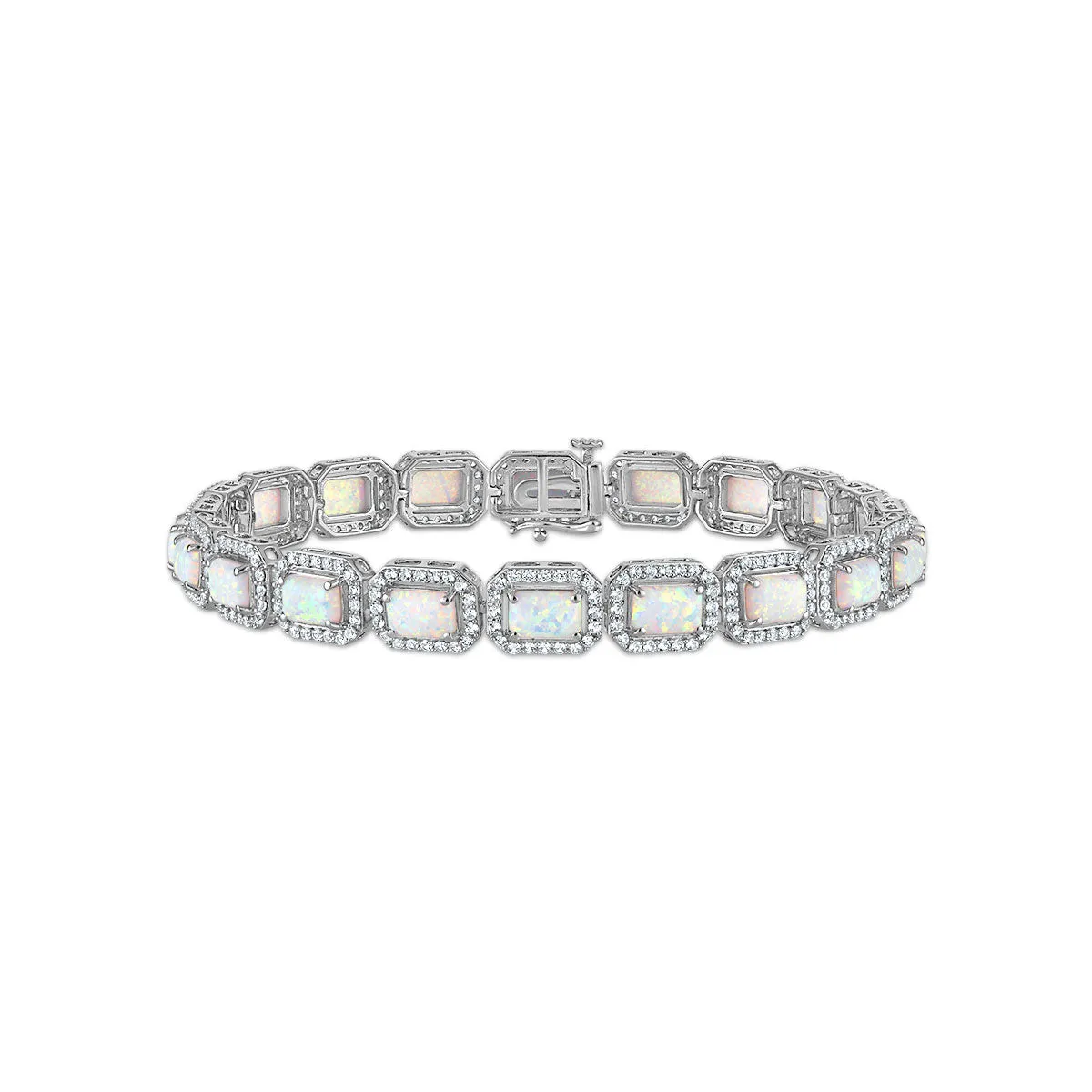 6X4MM Emerald Shape Opal and White Sapphire 7.5-inch Halo Tennis Bracelet in Rhodium Plated Sterling Silver