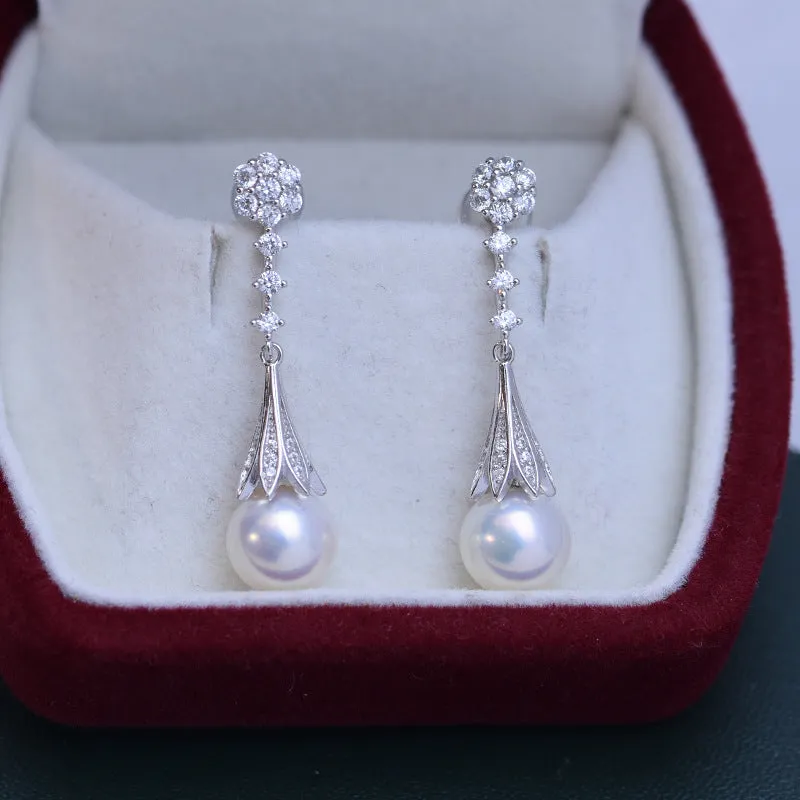 8-9mm Freshwater Pearl & CZ Daisy Earrings