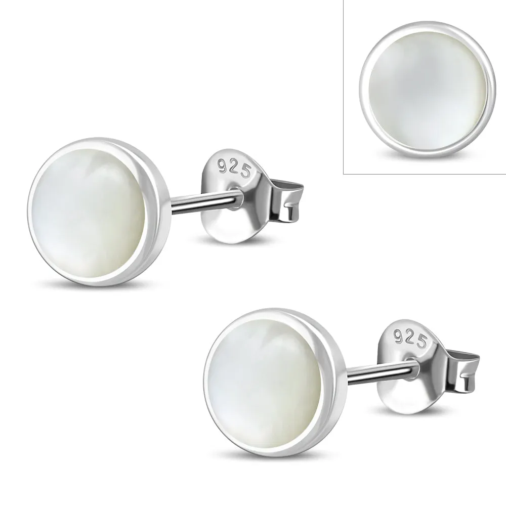 8.00mm | Mother of Pearl Simple Round Silver Stud Earrings