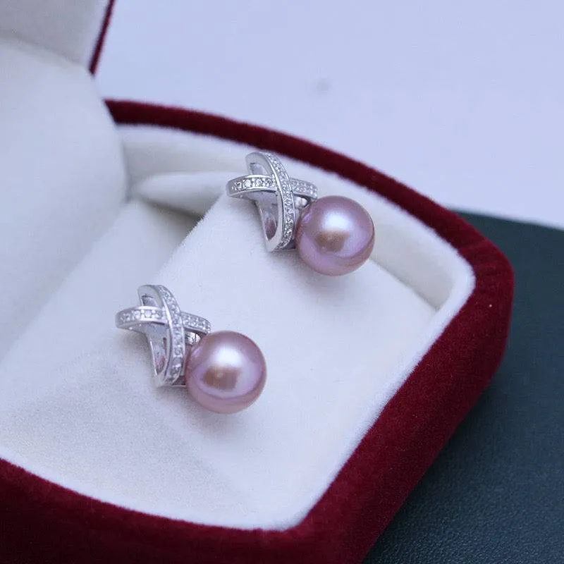 9-10mm Purple Freshwater Pearl & Cross Earrings