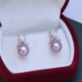 9-10mm Purple Freshwater Pearl & Cross Earrings