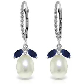 9 Carat 14K Solid White Gold Leverback Earrings Sapphire Pearl