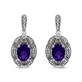 .925 Sterling Silver Diamond Accent and 8x6mm Purple Oval Amethyst Stud Earrings (I-J Color, I1-I2 Clarity)