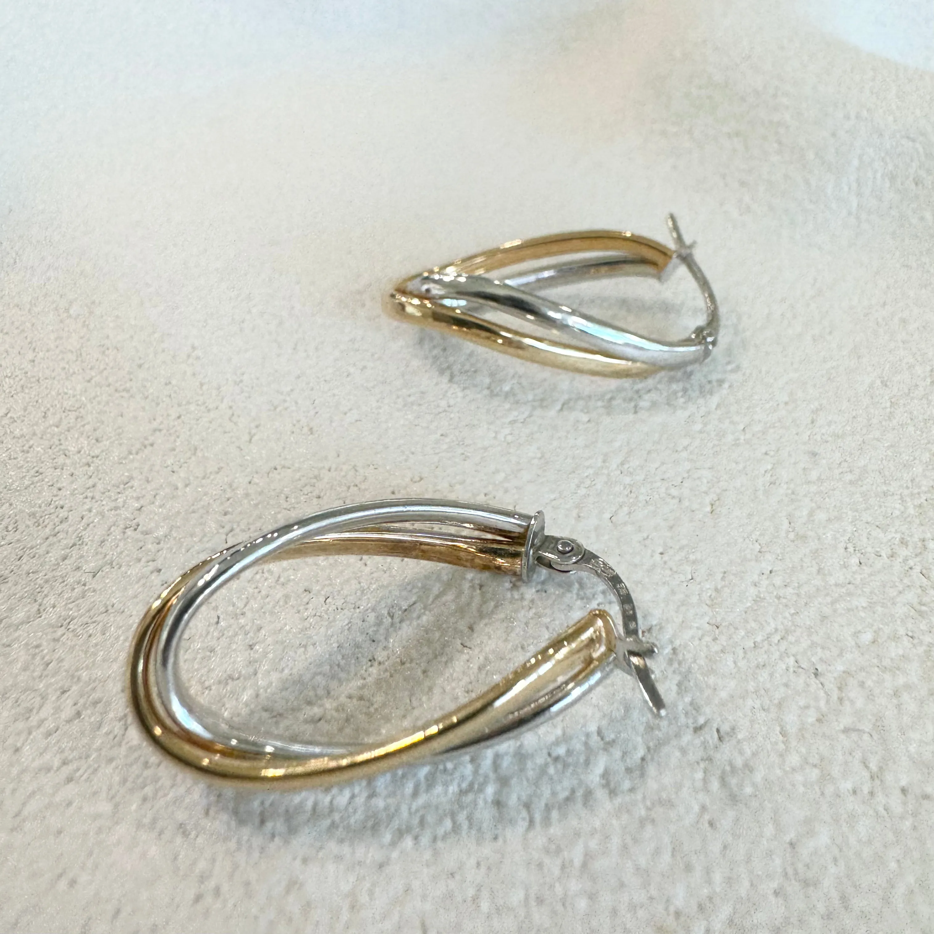 9ct Yellow & White Gold Twisted Oval Hoop Earrings