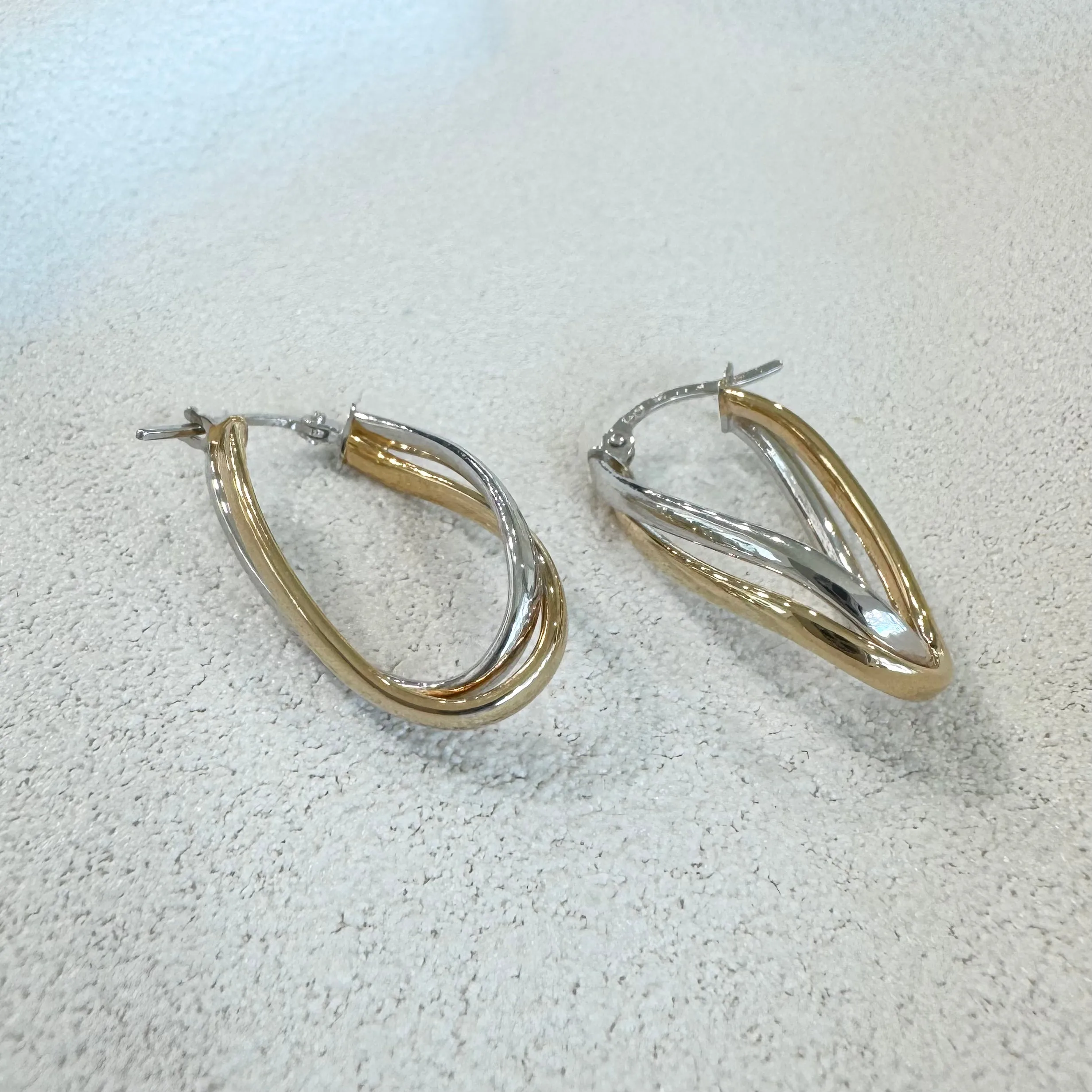 9ct Yellow & White Gold Twisted Oval Hoop Earrings