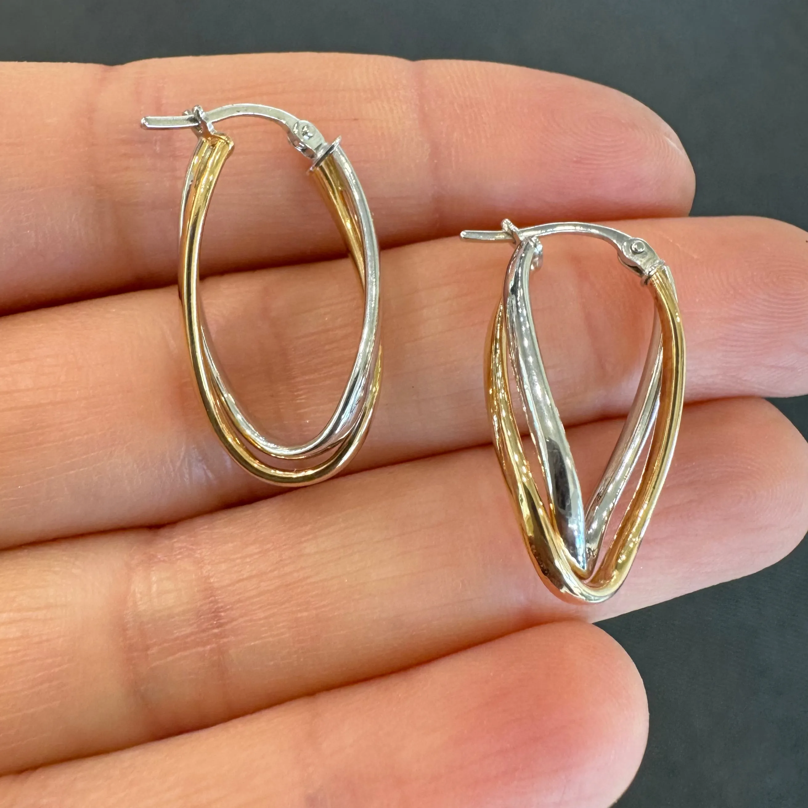 9ct Yellow & White Gold Twisted Oval Hoop Earrings