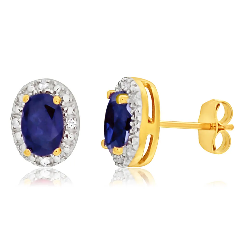 9ct Yellow Gold Created Sapphire 6x4mm   Diamond Stud Earrings