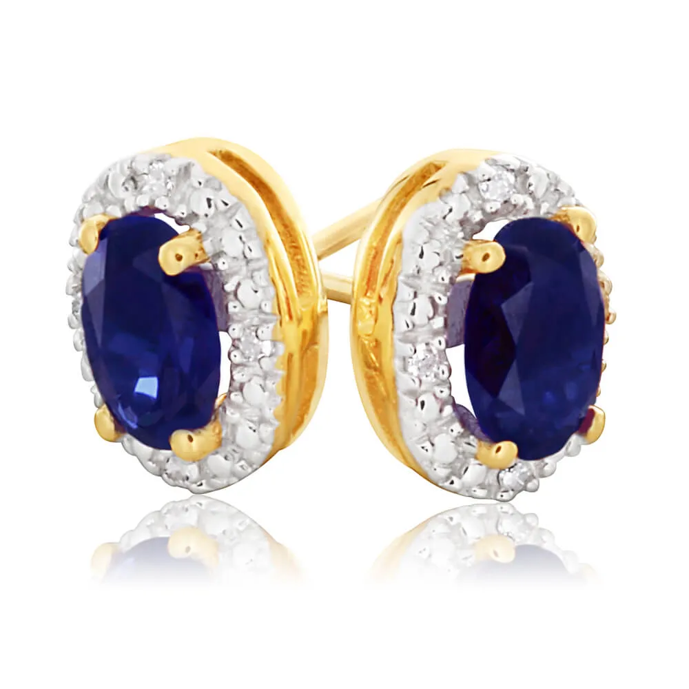 9ct Yellow Gold Created Sapphire 6x4mm   Diamond Stud Earrings