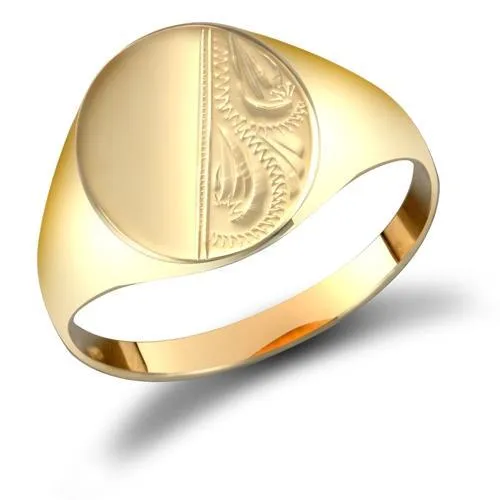 9ct Yellow Gold Oval Shaped Half Plain & Half Engraved Signet Ring 3.0g