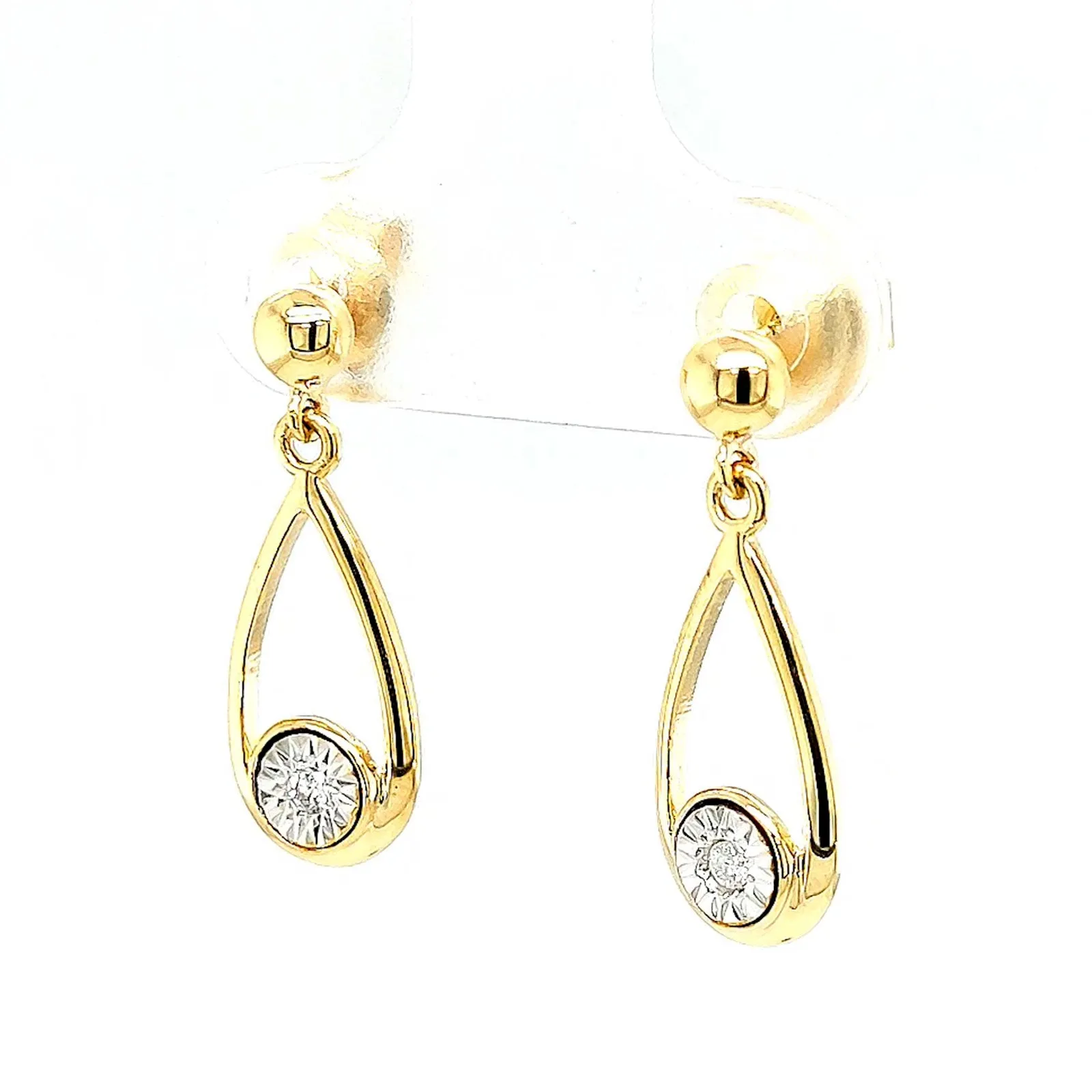 9ct Yellow Gold Round Brilliant Cut & Diamond Set Drop Earrings