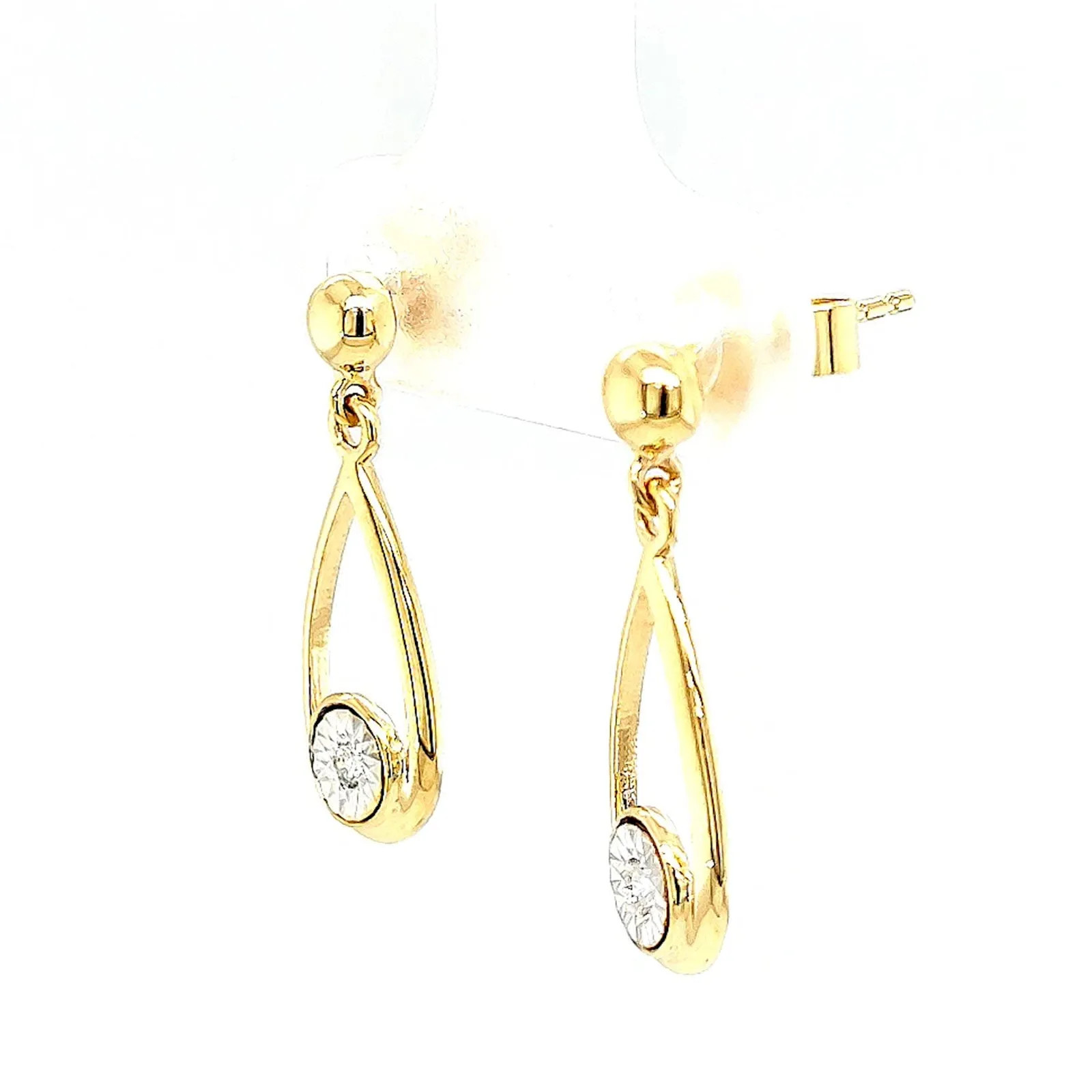 9ct Yellow Gold Round Brilliant Cut & Diamond Set Drop Earrings