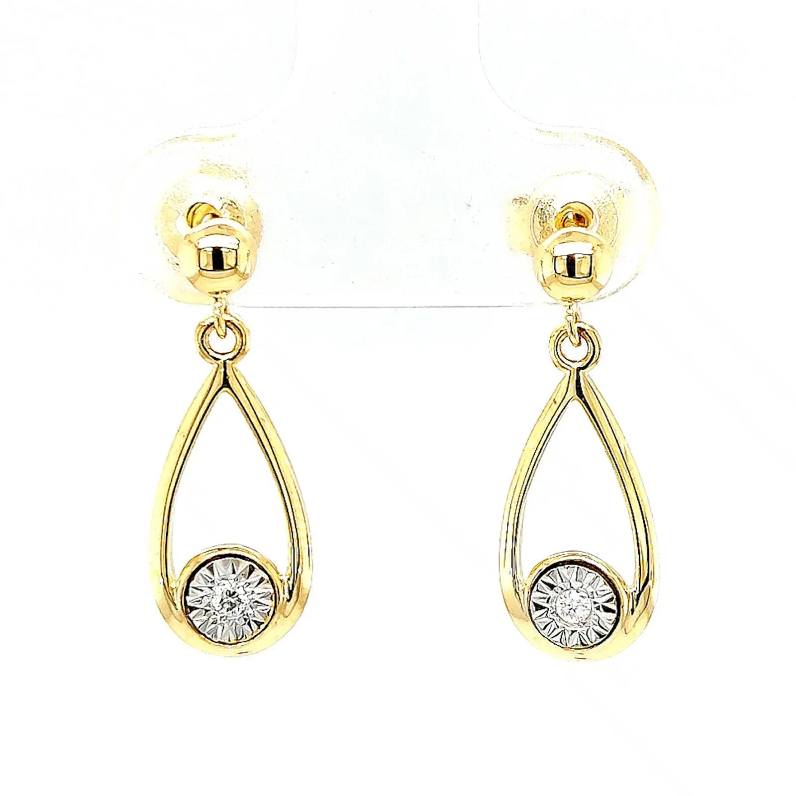 9ct Yellow Gold Round Brilliant Cut & Diamond Set Drop Earrings