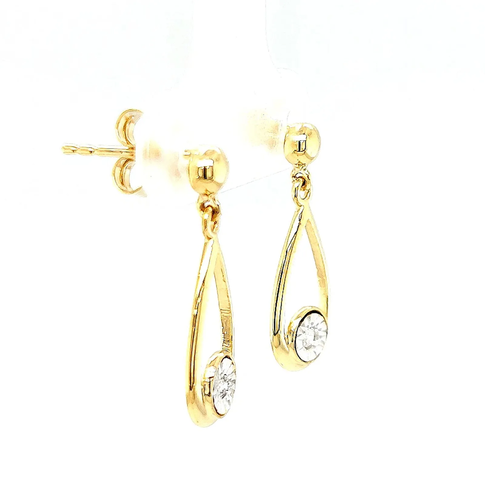 9ct Yellow Gold Round Brilliant Cut & Diamond Set Drop Earrings