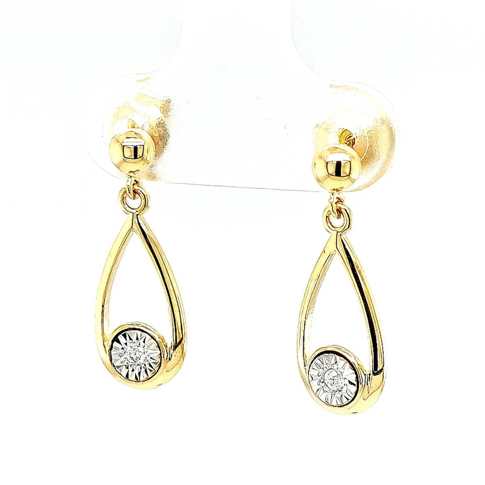 9ct Yellow Gold Round Brilliant Cut & Diamond Set Drop Earrings