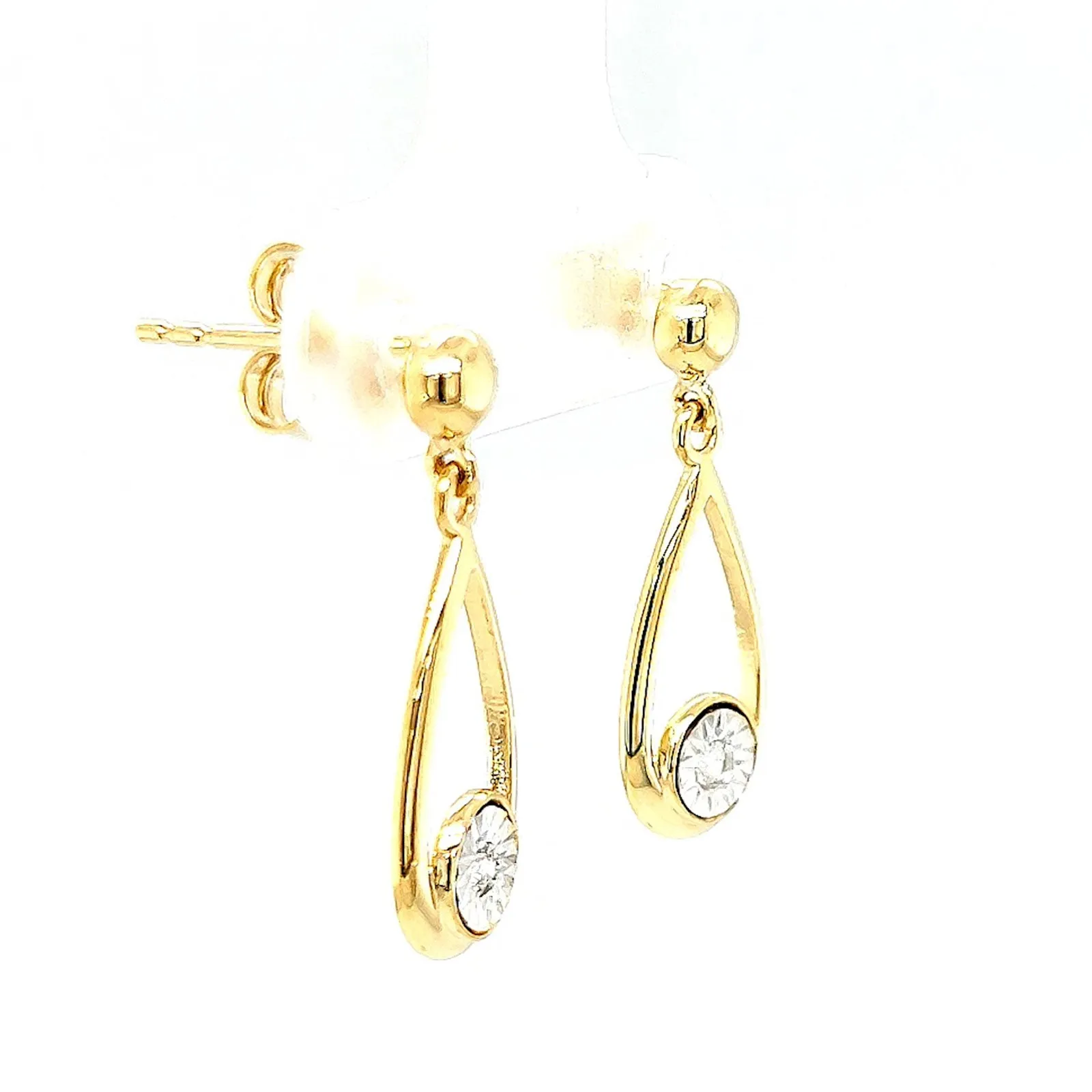 9ct Yellow Gold Round Brilliant Cut & Diamond Set Drop Earrings