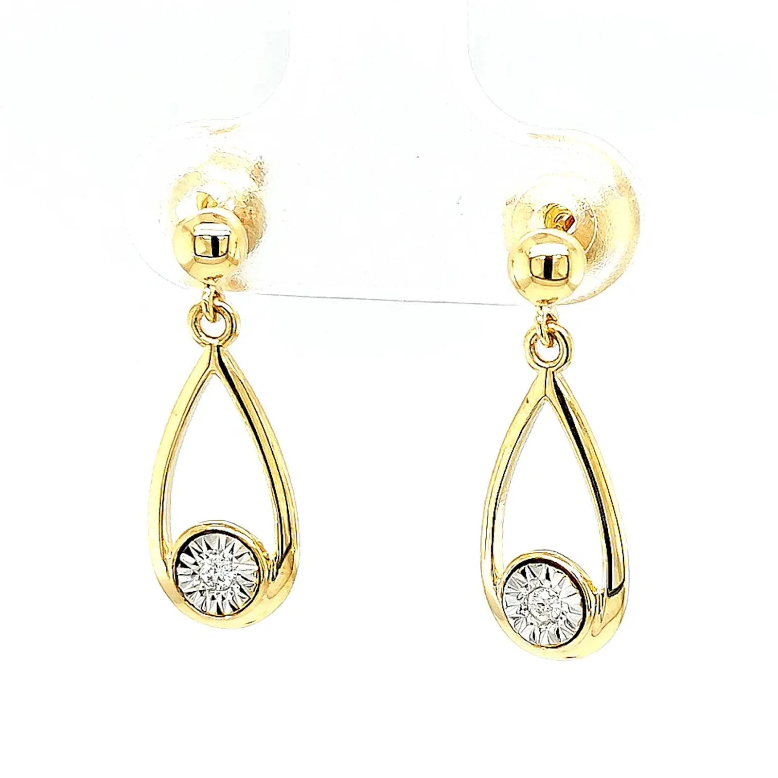 9ct Yellow Gold Round Brilliant Cut & Diamond Set Drop Earrings