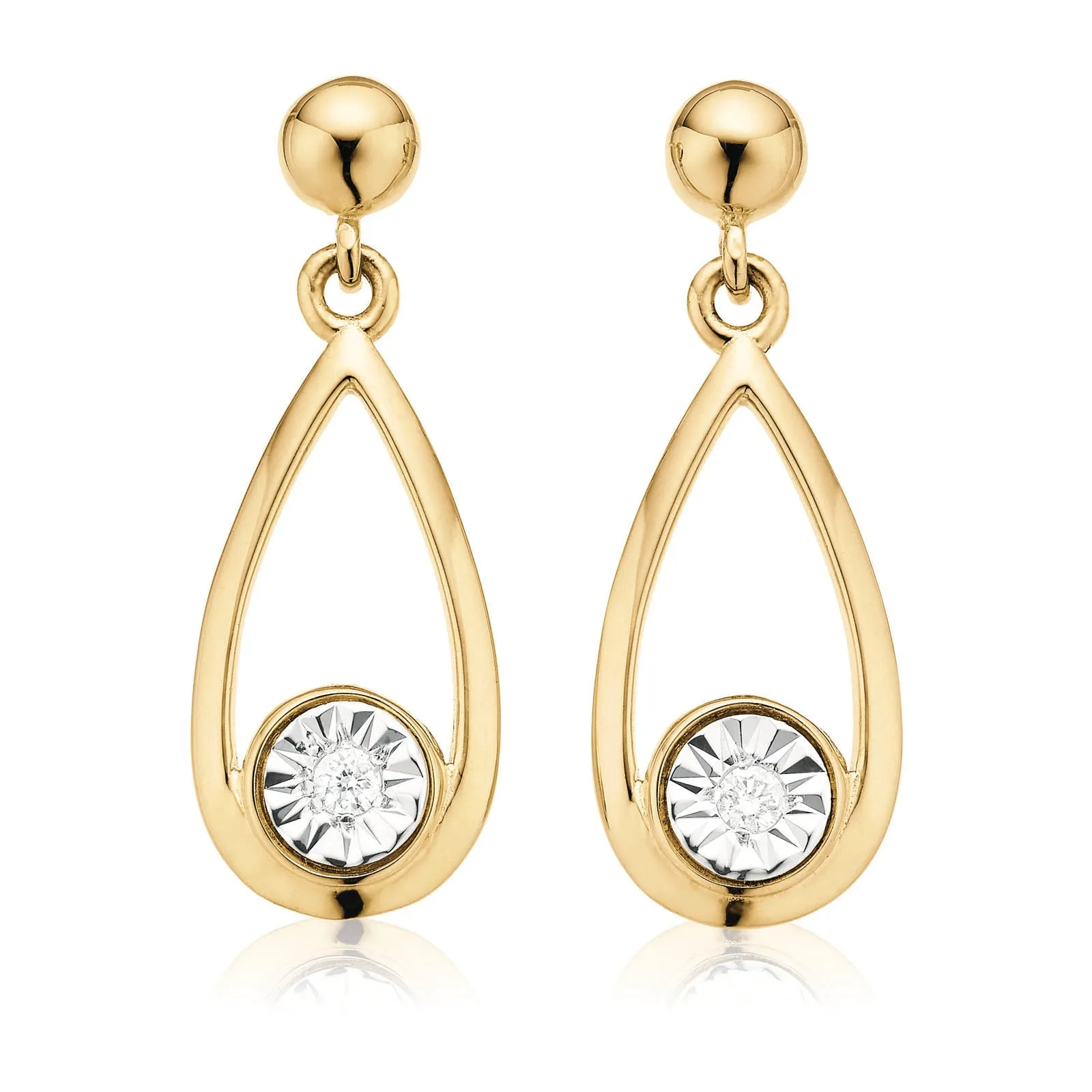 9ct Yellow Gold Round Brilliant Cut & Diamond Set Drop Earrings