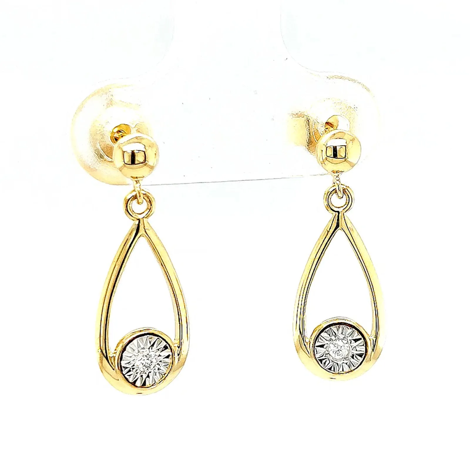 9ct Yellow Gold Round Brilliant Cut & Diamond Set Drop Earrings