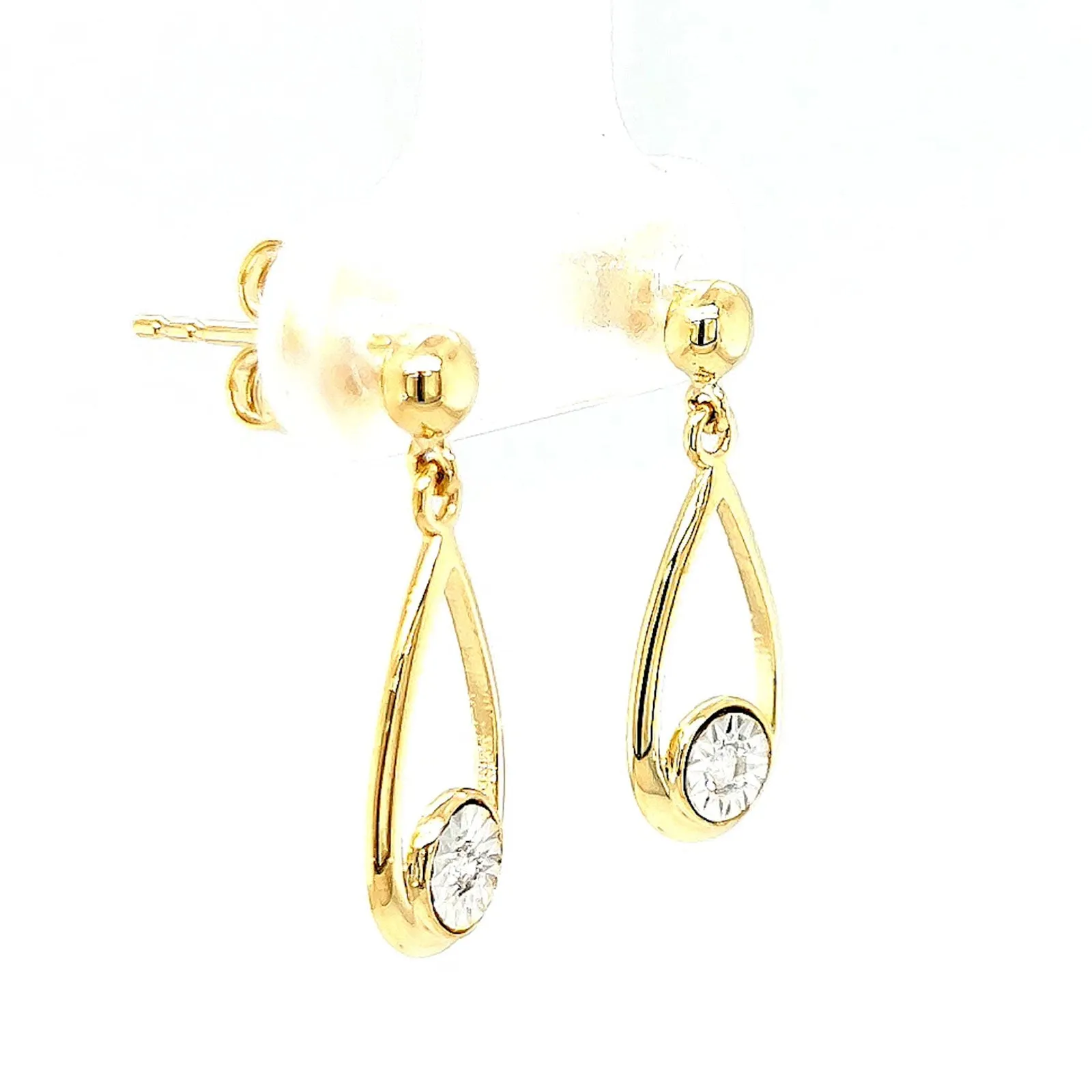 9ct Yellow Gold Round Brilliant Cut & Diamond Set Drop Earrings