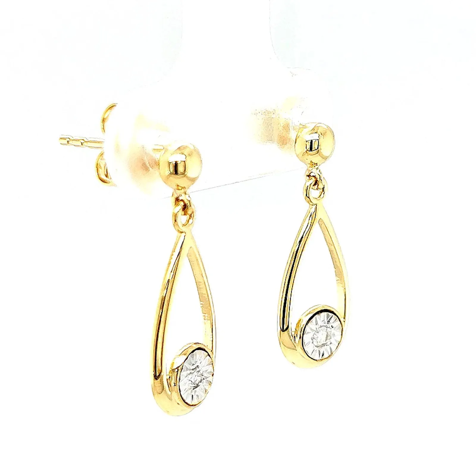 9ct Yellow Gold Round Brilliant Cut & Diamond Set Drop Earrings