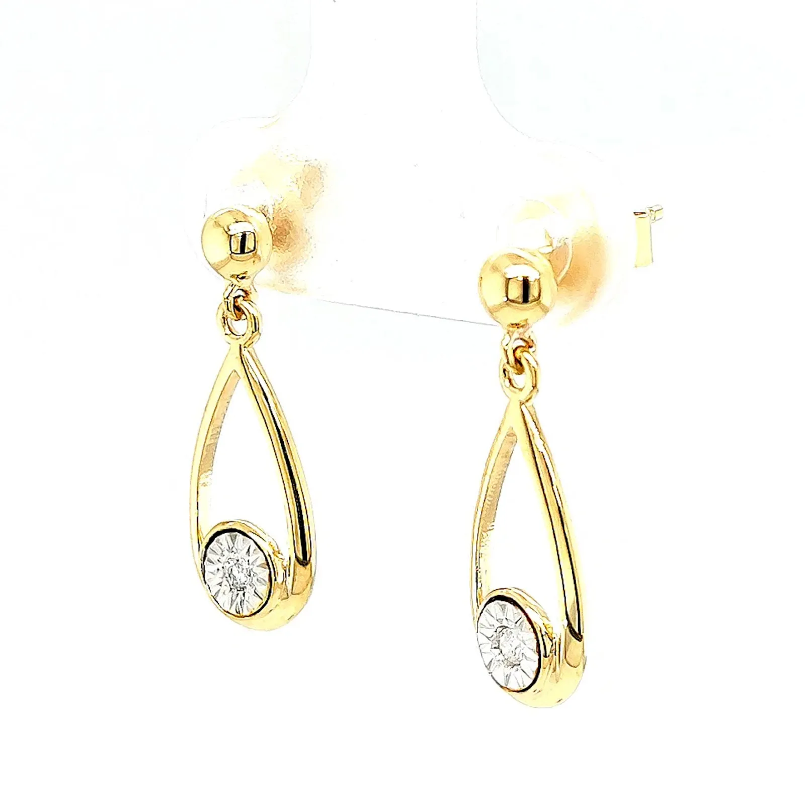 9ct Yellow Gold Round Brilliant Cut & Diamond Set Drop Earrings