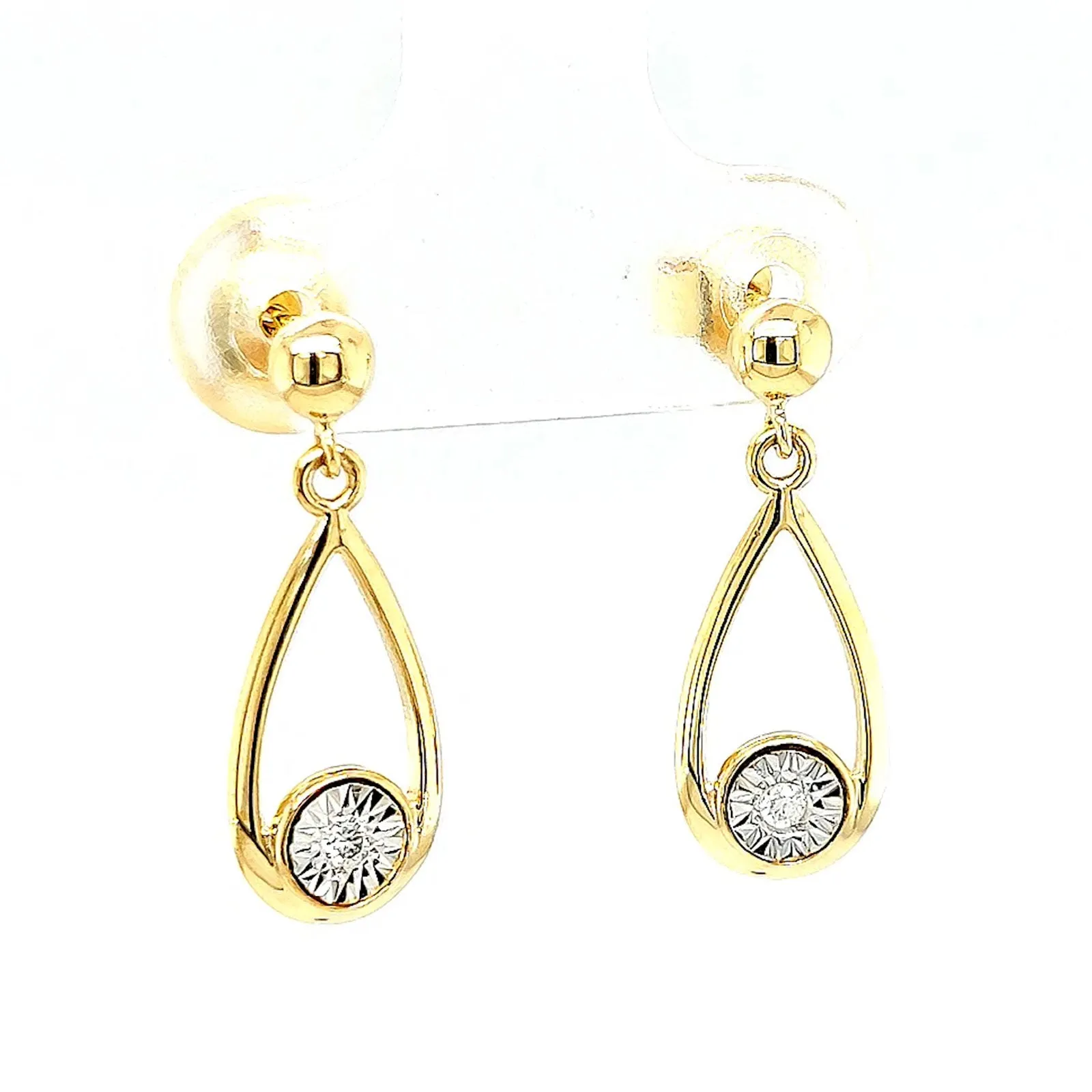 9ct Yellow Gold Round Brilliant Cut & Diamond Set Drop Earrings