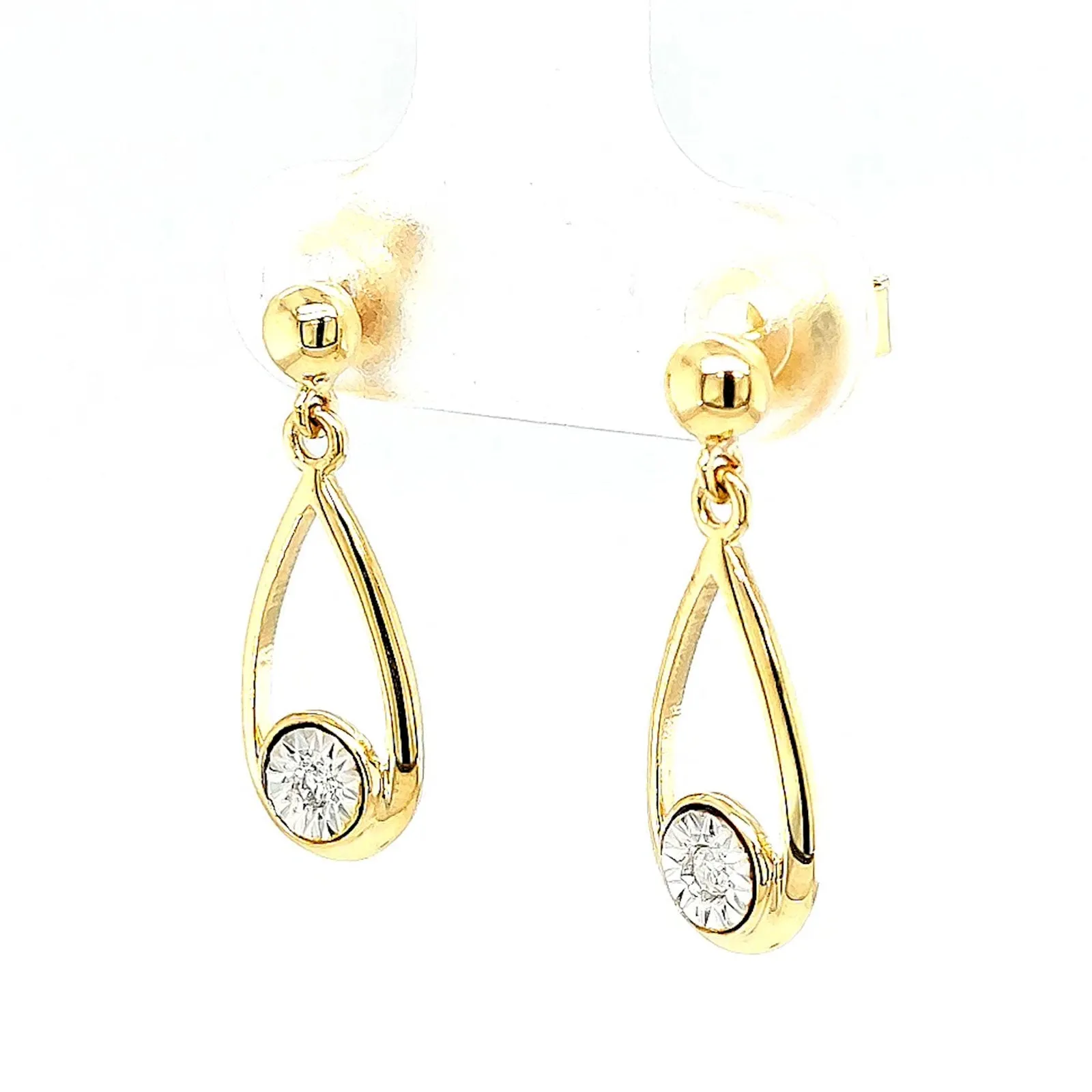 9ct Yellow Gold Round Brilliant Cut & Diamond Set Drop Earrings