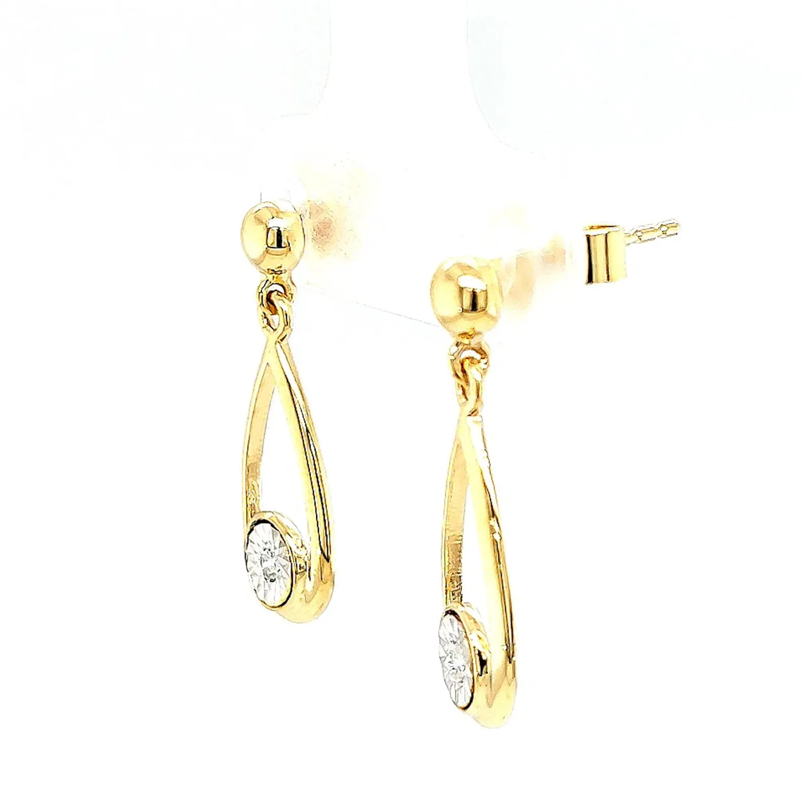 9ct Yellow Gold Round Brilliant Cut & Diamond Set Drop Earrings