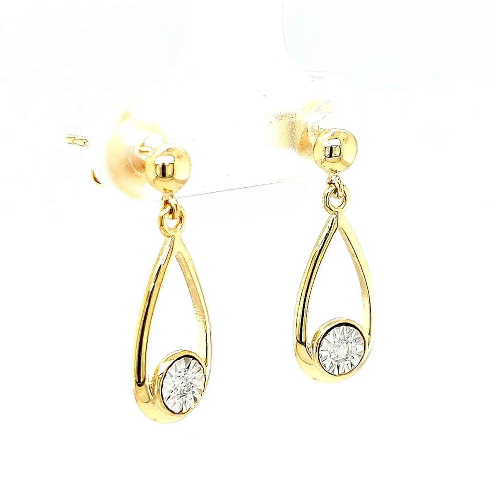 9ct Yellow Gold Round Brilliant Cut & Diamond Set Drop Earrings