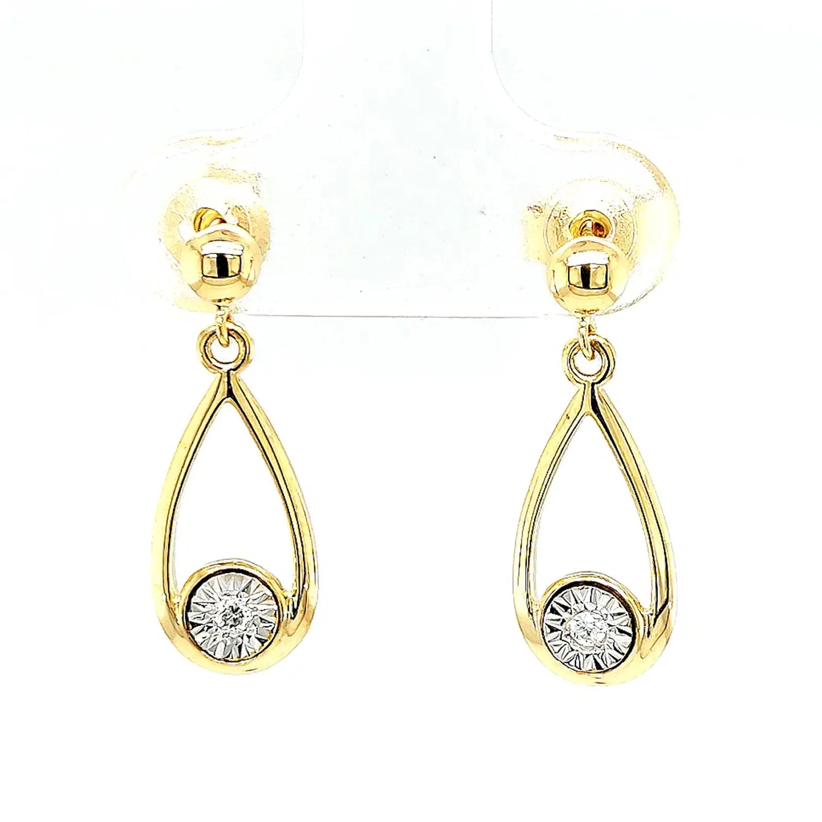 9ct Yellow Gold Round Brilliant Cut & Diamond Set Drop Earrings