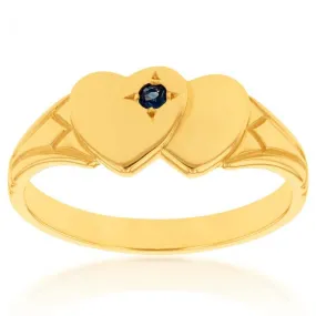 9ct Yellow Gold Sapphire 2Heart Signet Ring Size H