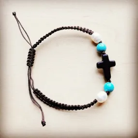 Adjustable Cross Turquoise and Natural Stone Braided Bracelet