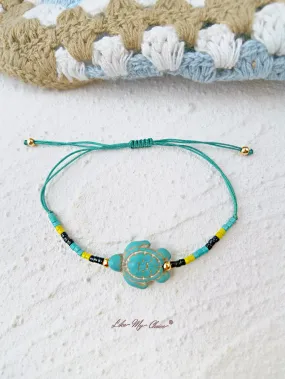 Adjustable Drawstring Beaded Bracelet  Turquoise Green Blue Turtle