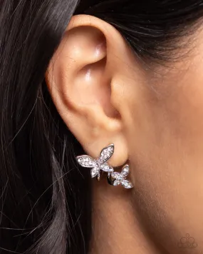 Adorably Aerial - White - Rhinestone Butterfly Paparazzi Hoop Earrings