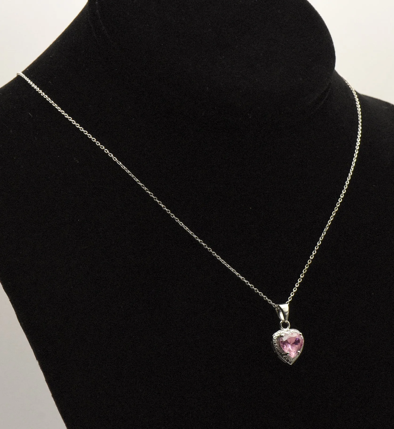 Amanda Rose Collection - Sterling Silver Pink Heart Glass Pendant Chain Necklace - 18"