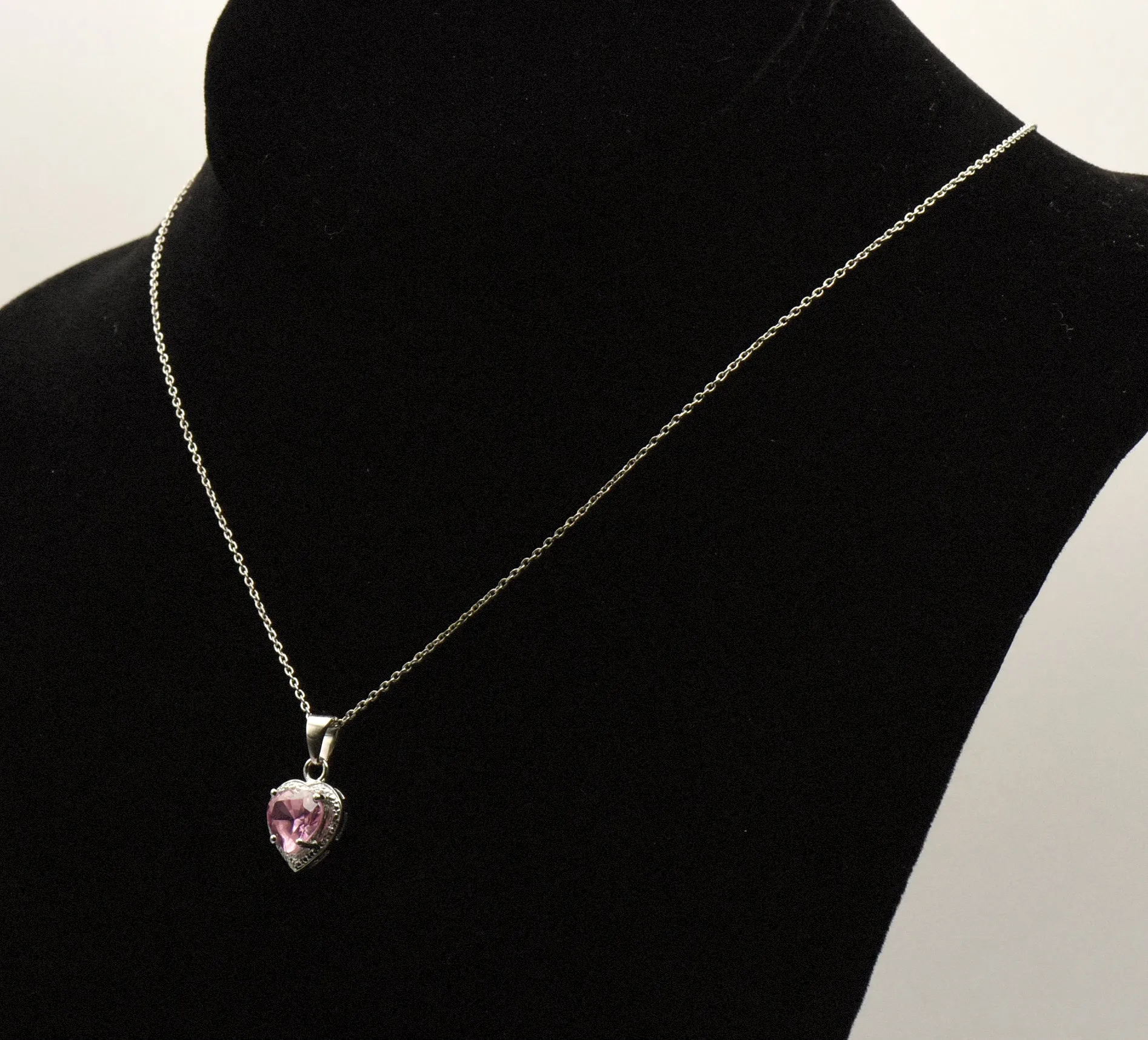 Amanda Rose Collection - Sterling Silver Pink Heart Glass Pendant Chain Necklace - 18"