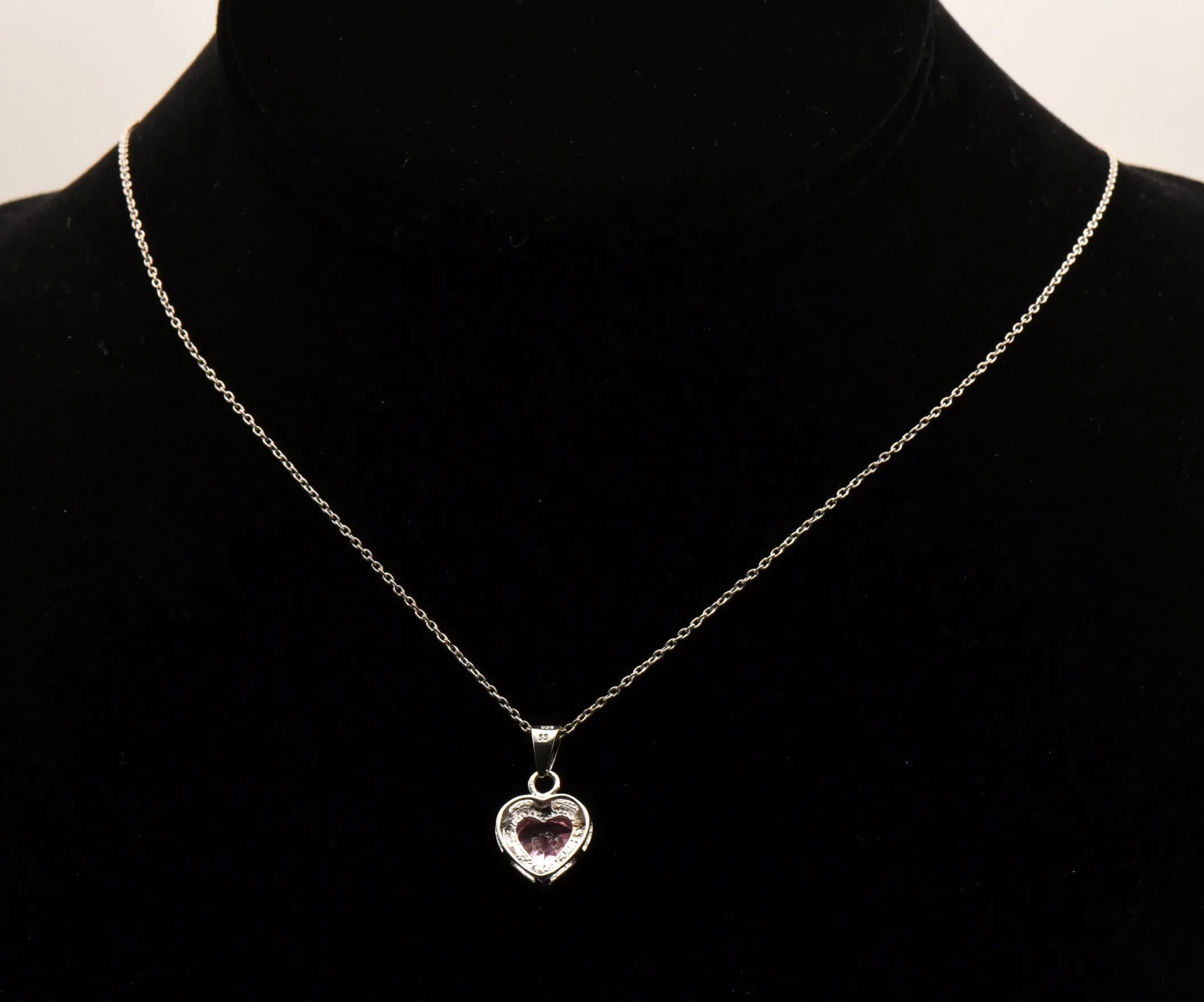 Amanda Rose Collection - Sterling Silver Pink Heart Glass Pendant Chain Necklace - 18"