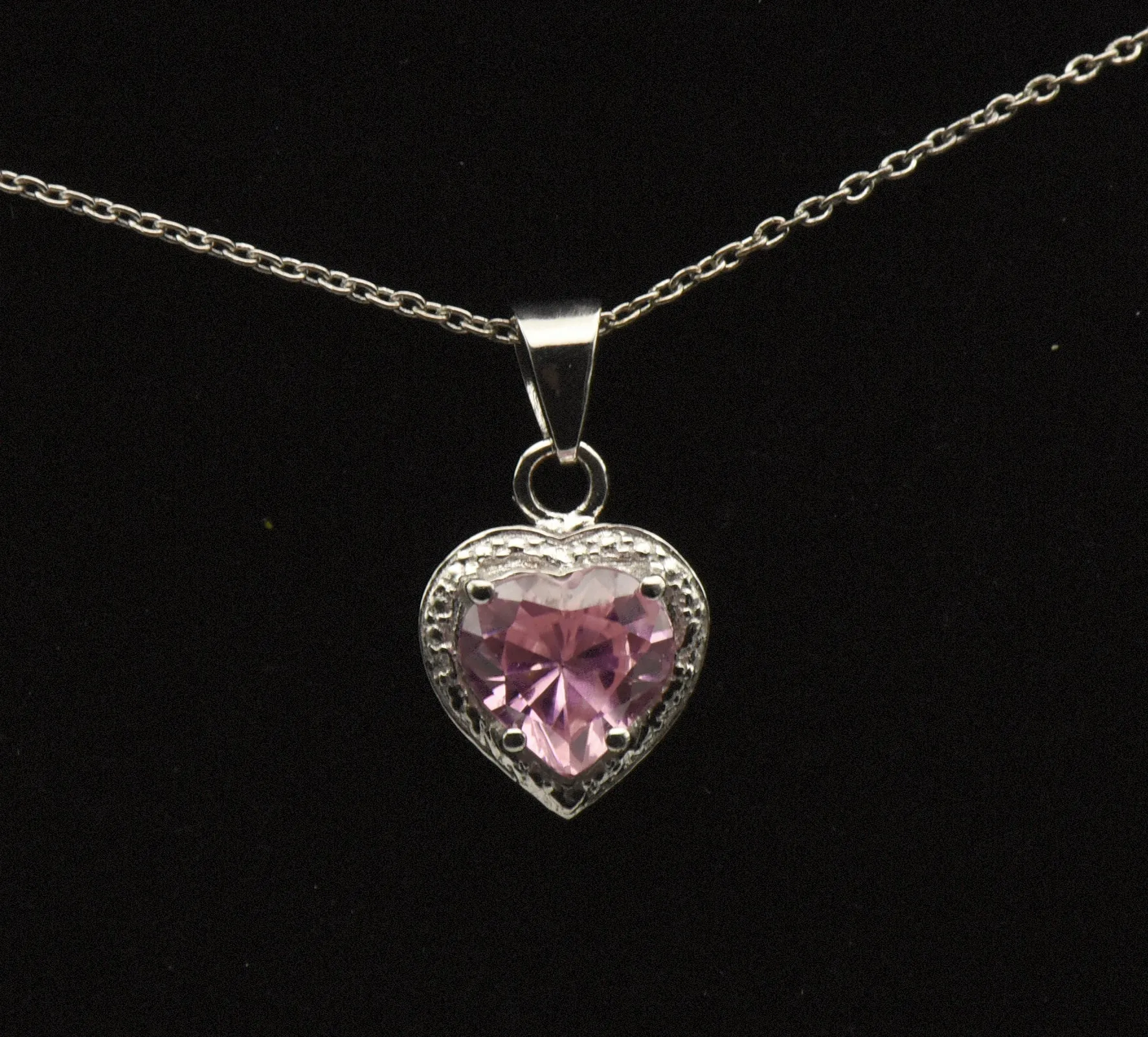 Amanda Rose Collection - Sterling Silver Pink Heart Glass Pendant Chain Necklace - 18"