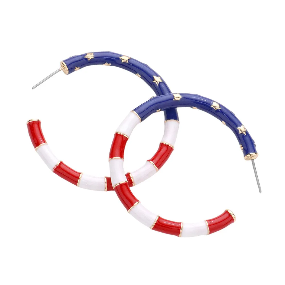 American USA Flag Enamel Hoop Earrings