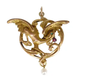 Antique Art Nouveau Gold Filled Dragon Griffon Pendant