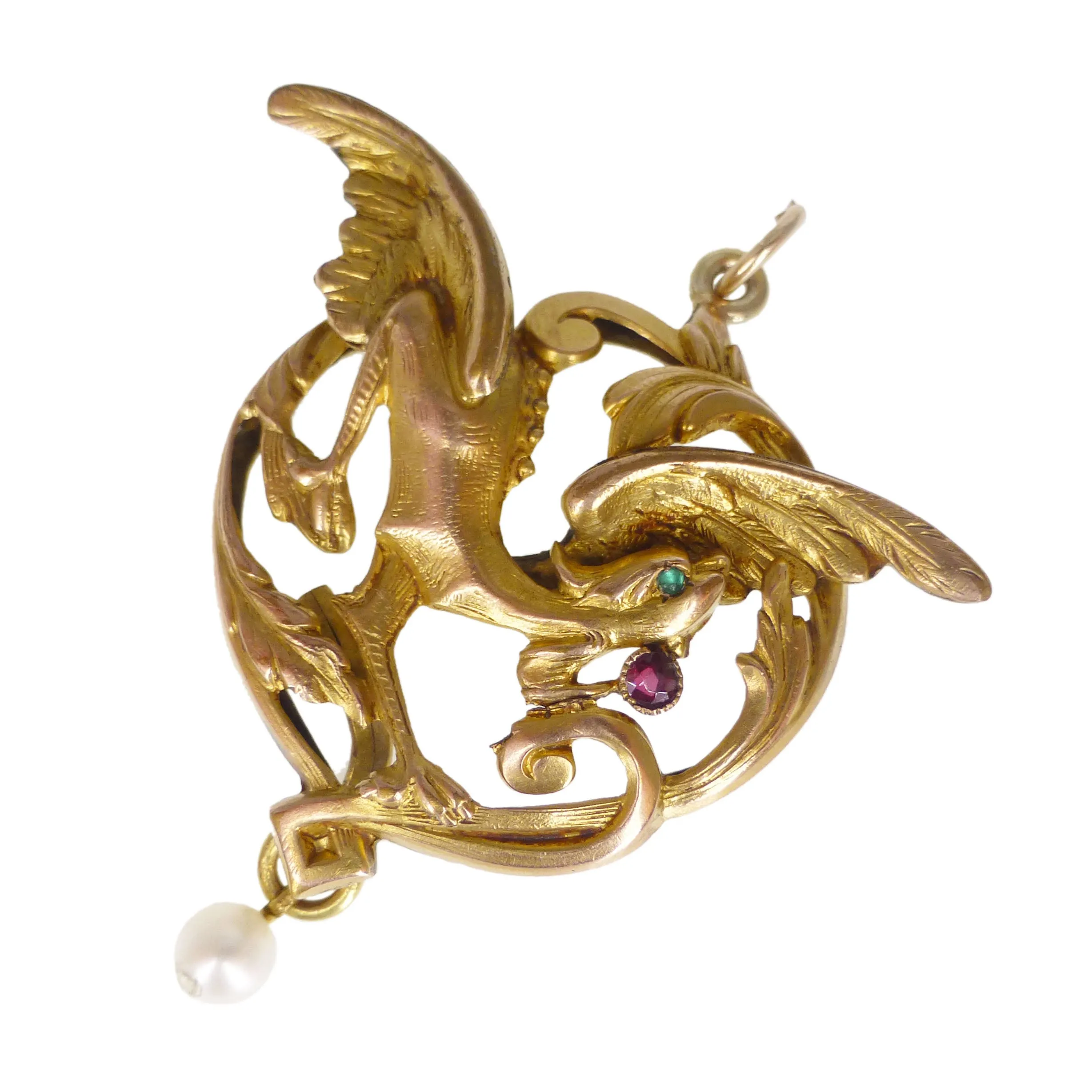 Antique Art Nouveau Gold Filled Dragon Griffon Pendant