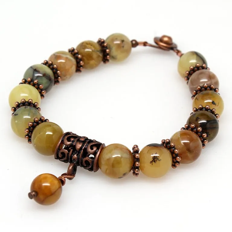 April Birthstone Beaded Bracelet - Yellow Dendritic Opal