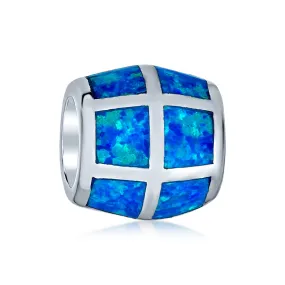 Aqua Blue Opal Inlay Barrel Charm Bead Sterling Silver for European Bracelet