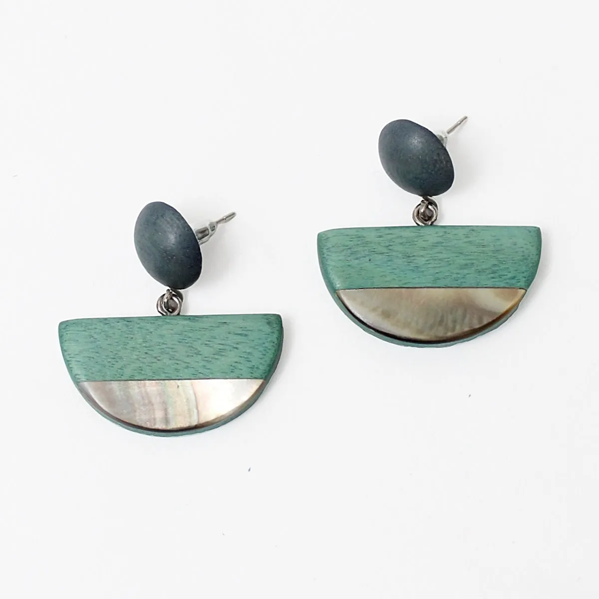 Aqua Wood and Shell Half Moon Earrings