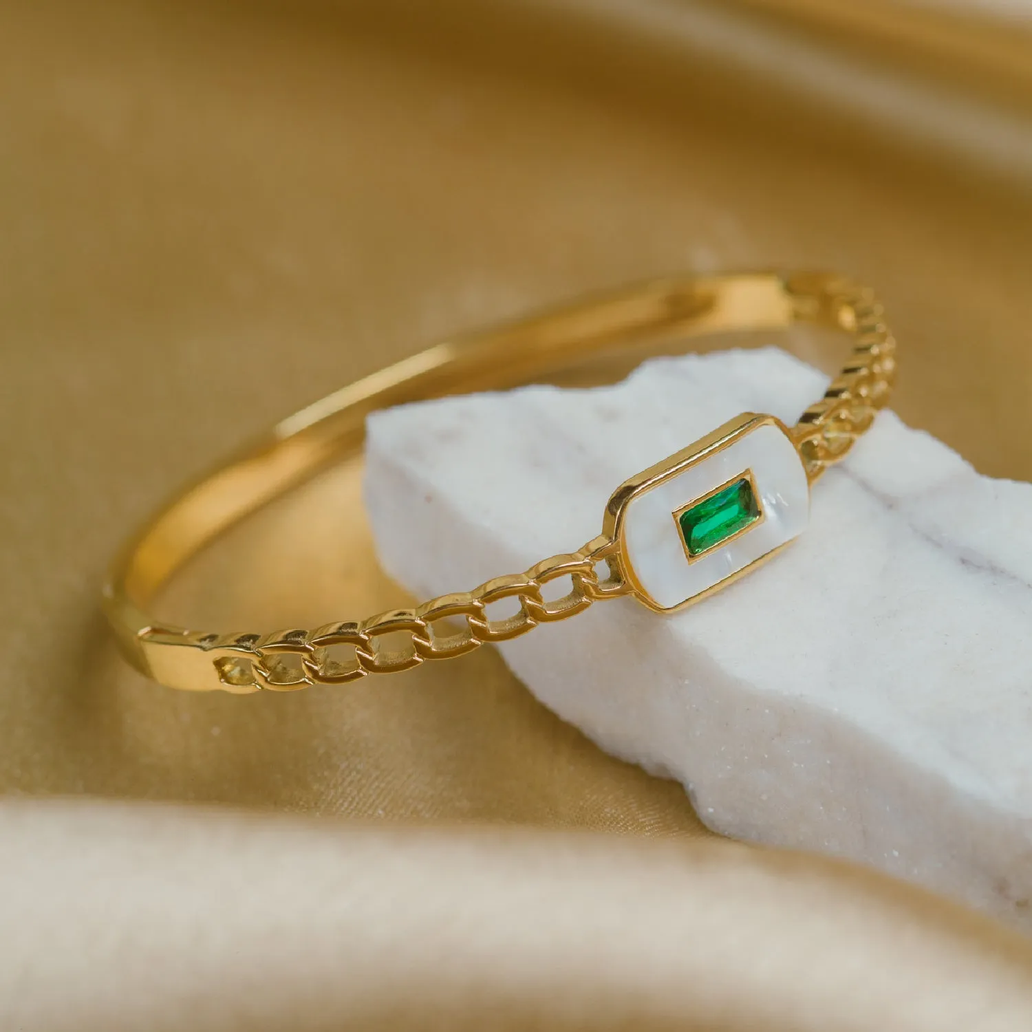 Artklim Gold Plated Emerald MOP Bangle Bracelet