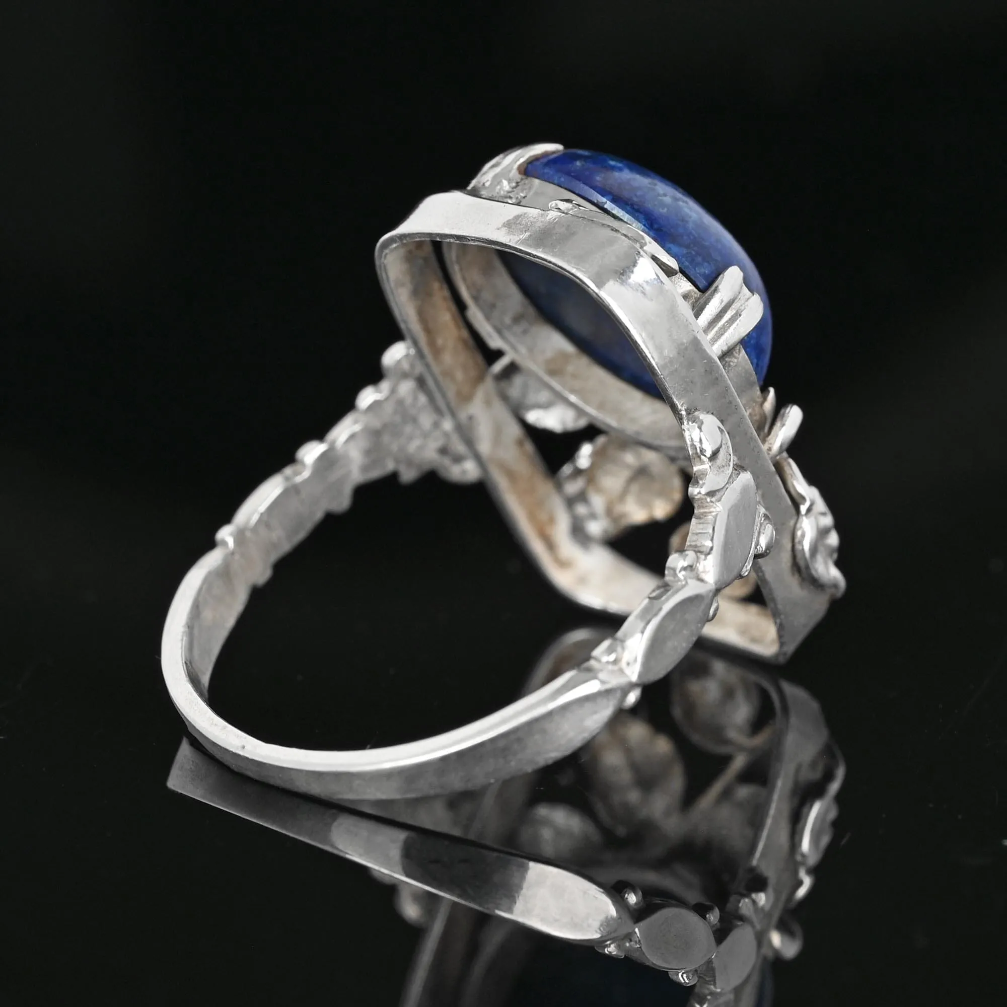 Arts & Crafts Rose and Leaf Silver Lapis Lazuli Ring