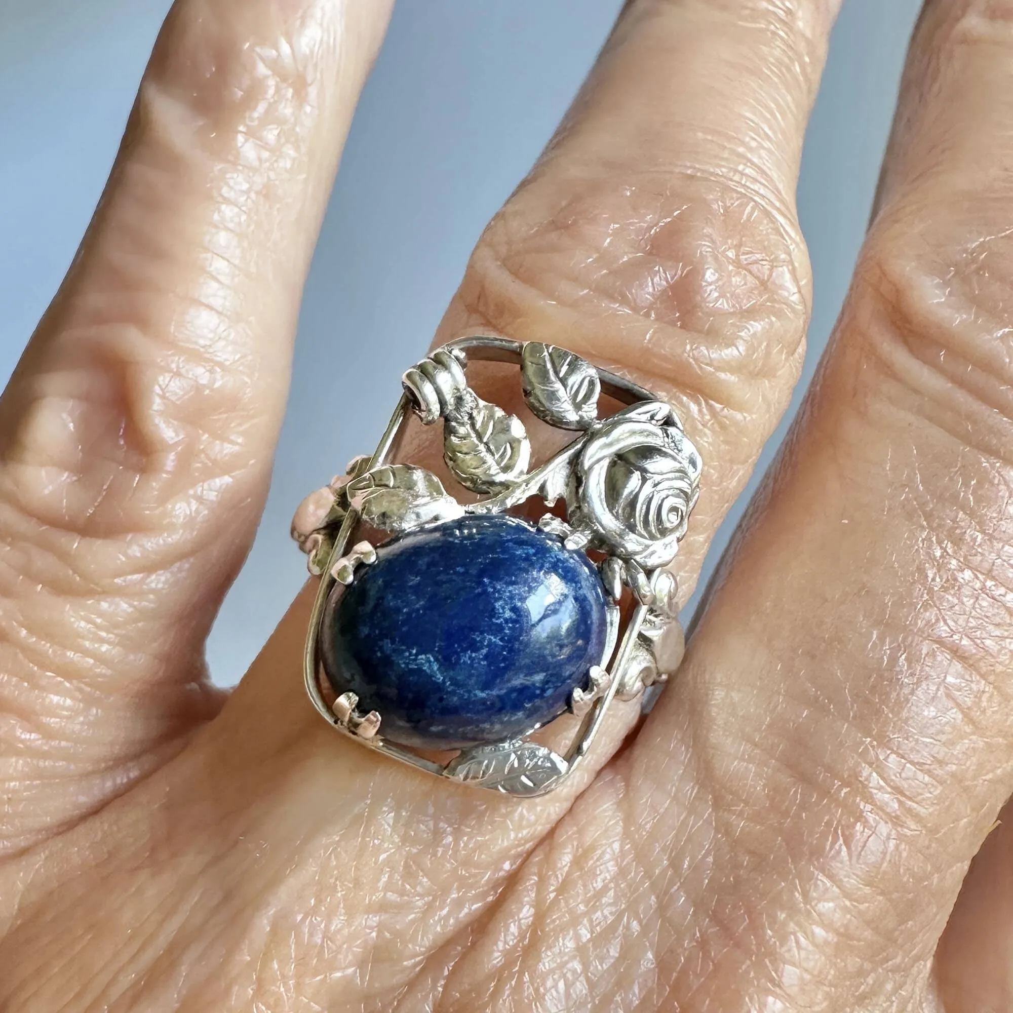 Arts & Crafts Rose and Leaf Silver Lapis Lazuli Ring