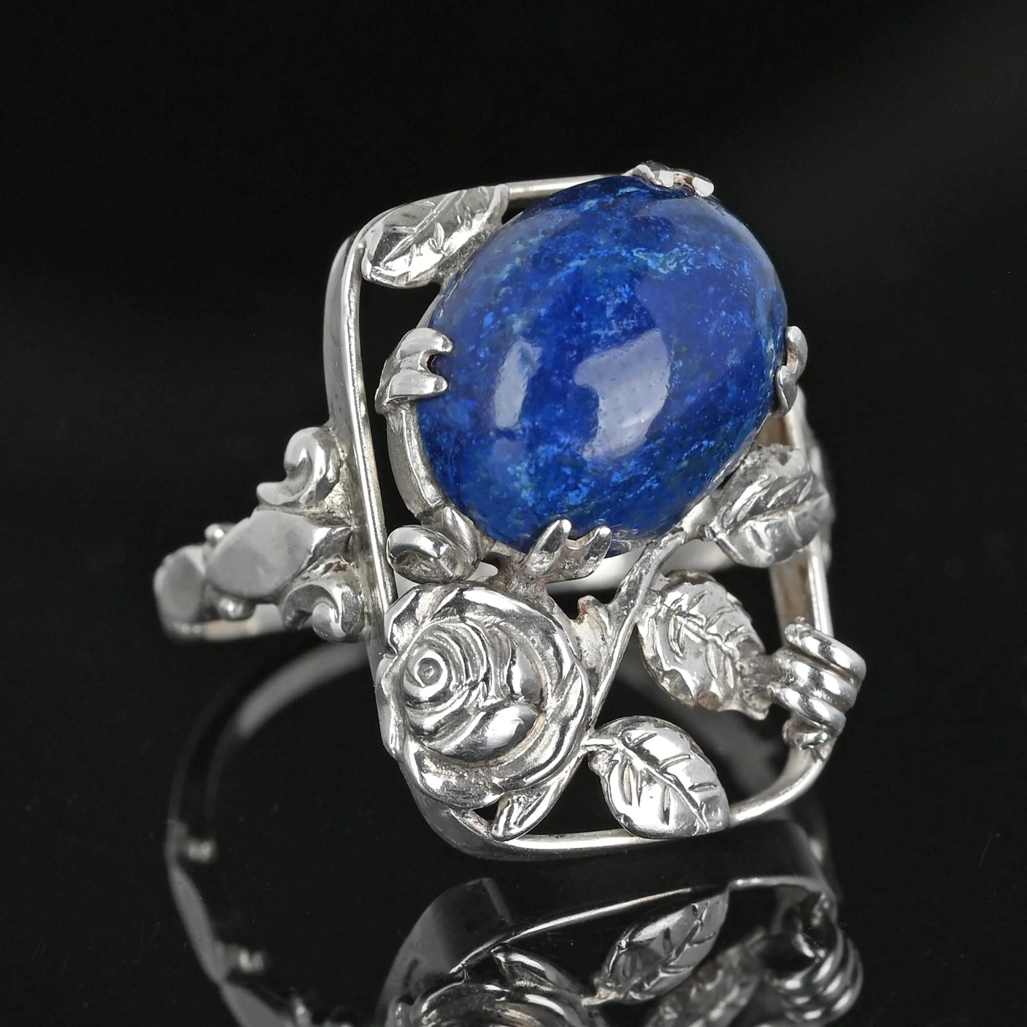 Arts & Crafts Rose and Leaf Silver Lapis Lazuli Ring